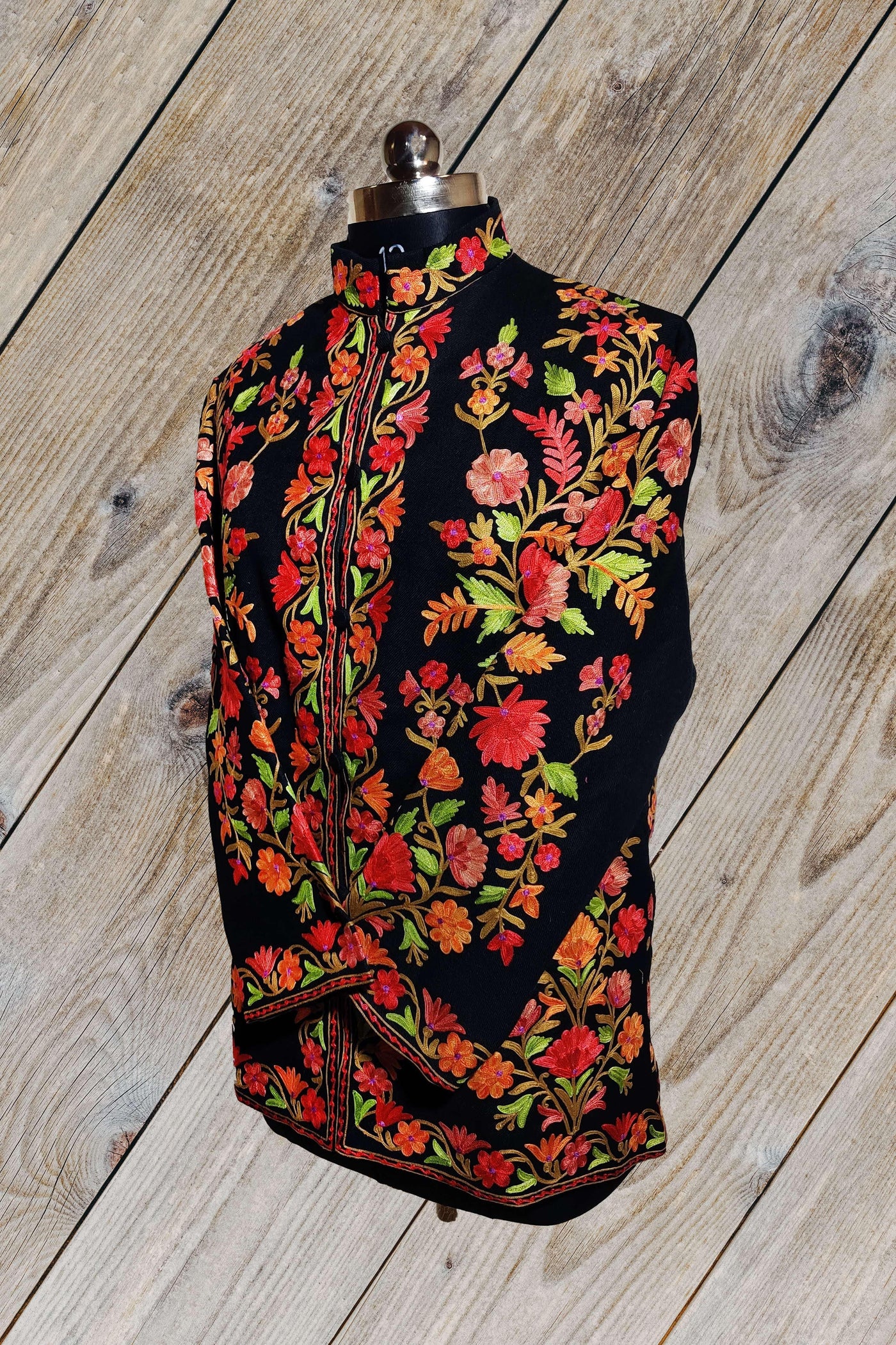 Kashmir Thread Coat XXXL (48) Kashmiri Woolen Jacket With Multicolour Floral Embroidery