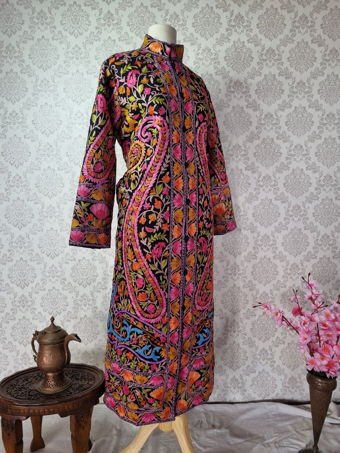 Long Kashmiri Jacket With Detailed Aari Embroidery In Multicolor on bl –  Shobitam