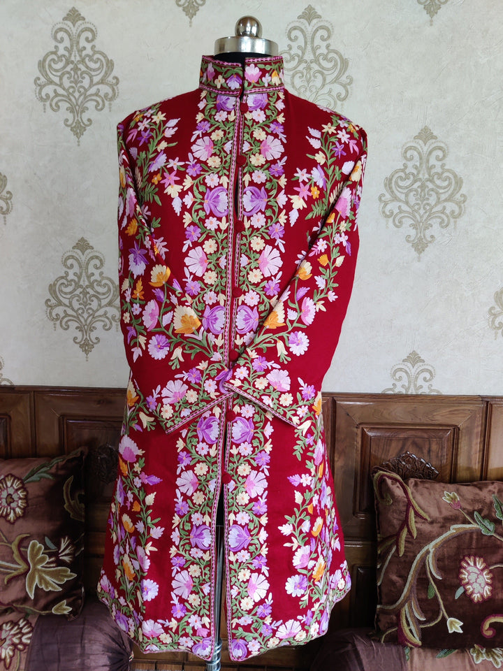 Maroon Long Kashmiri Jacket With Multicolor Floral Embroidery Jacket KashmKari Buy Maroon Kashmiri coat With Boho-Floral Embroidery at best price Online  | Kashmir Thread 