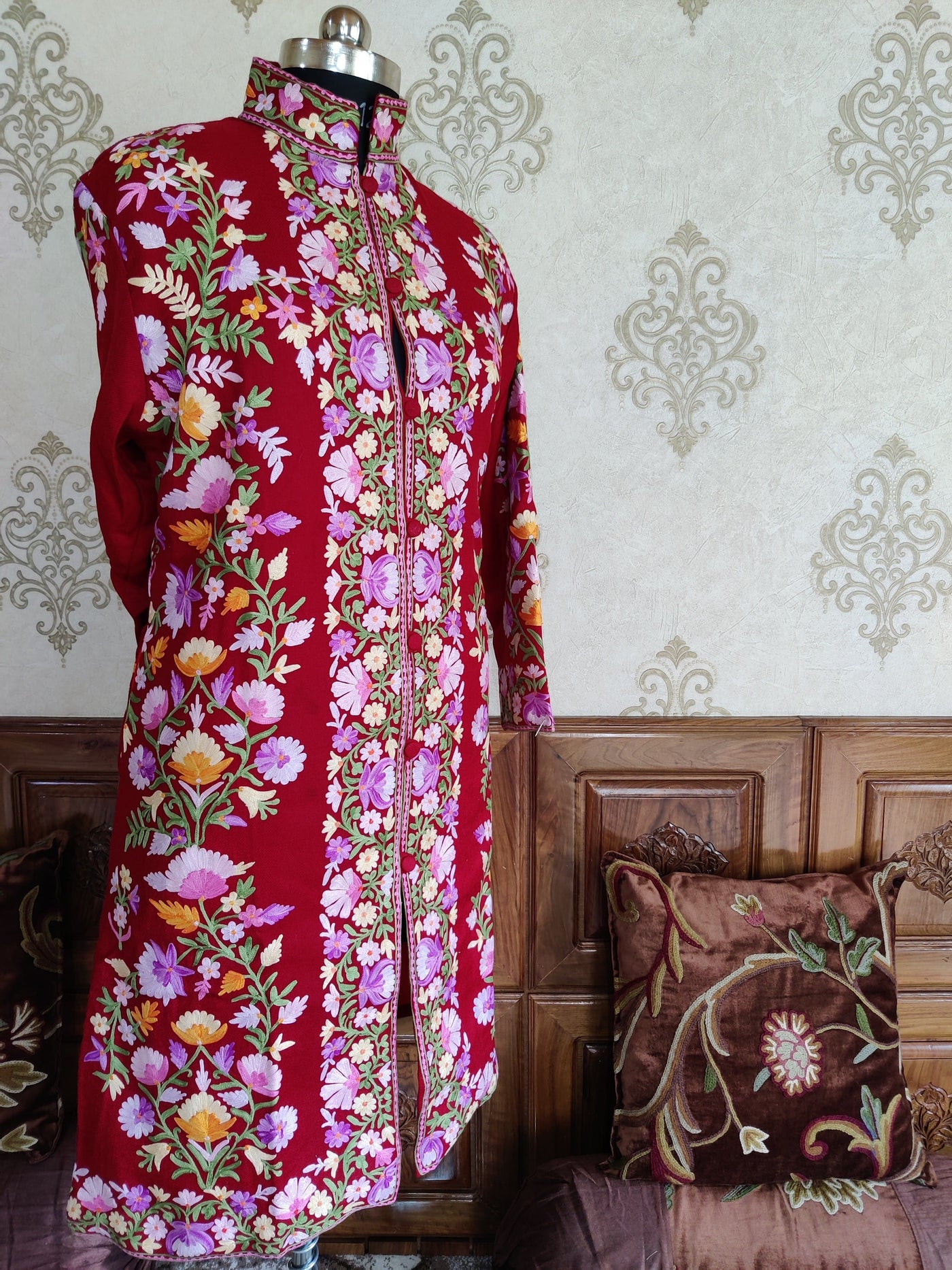 Maroon Long Kashmiri Jacket With Multicolor Floral Embroidery Jacket KashmKari Buy Maroon Kashmiri coat With Boho-Floral Embroidery at best price Online  | Kashmir Thread 