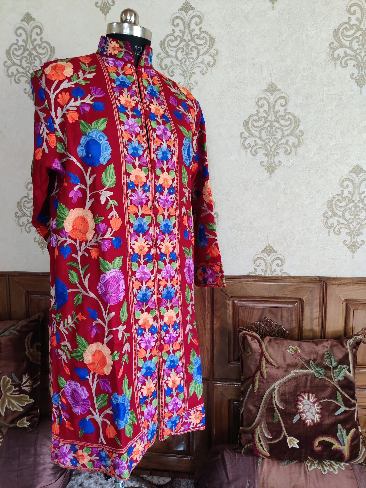 Maroon Long Kashmiri Jacket With Multicolor Floral Embroidery Jacket KashmKari Buy Maroon Long Kashmiri Jacket With Boho-Floral Embroidery at best price Online  | Kashmir Thread 