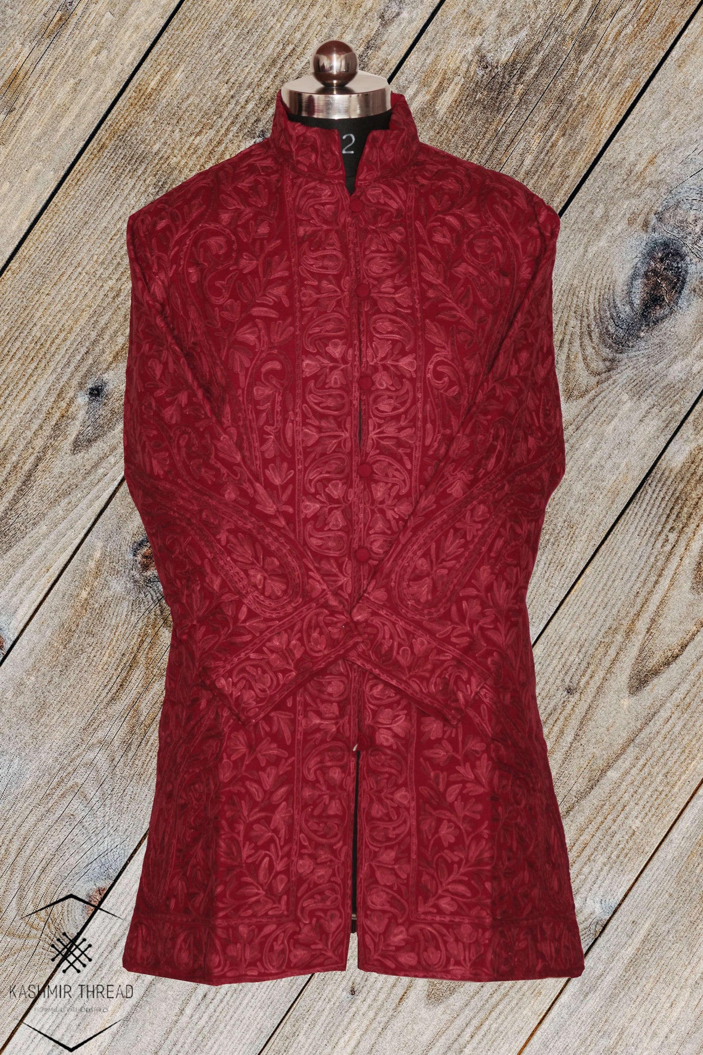 Kashmir Thread Coat XL (44) Red Kashmiri Woolen Jacket with Aari Embroidery