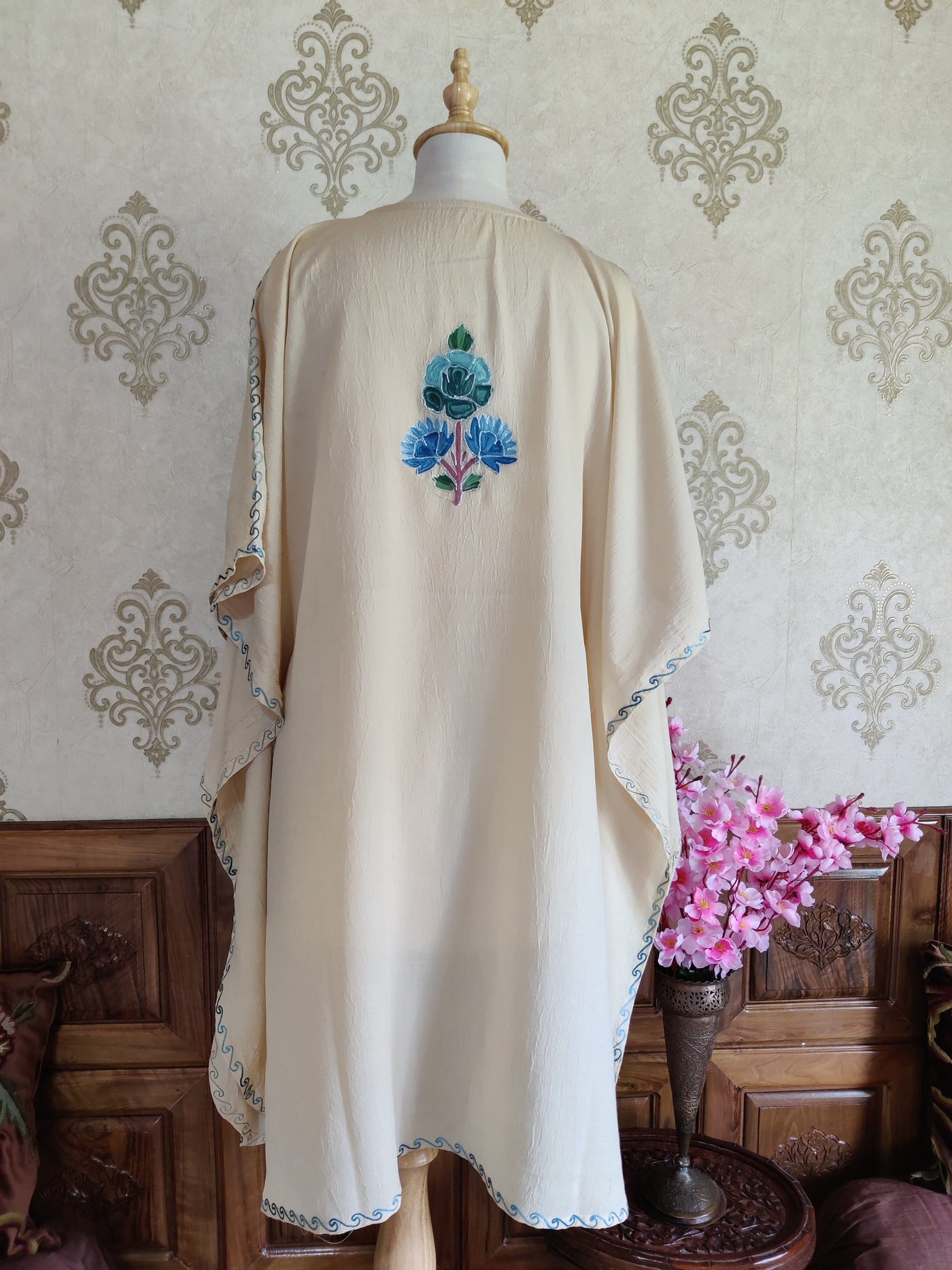 beige  Kashmiri Kaftan With Floral Embroidery kaftan KashmKari Black Kashmiri Kaftan top online At a Reasonable Price | Kashmir Thread 