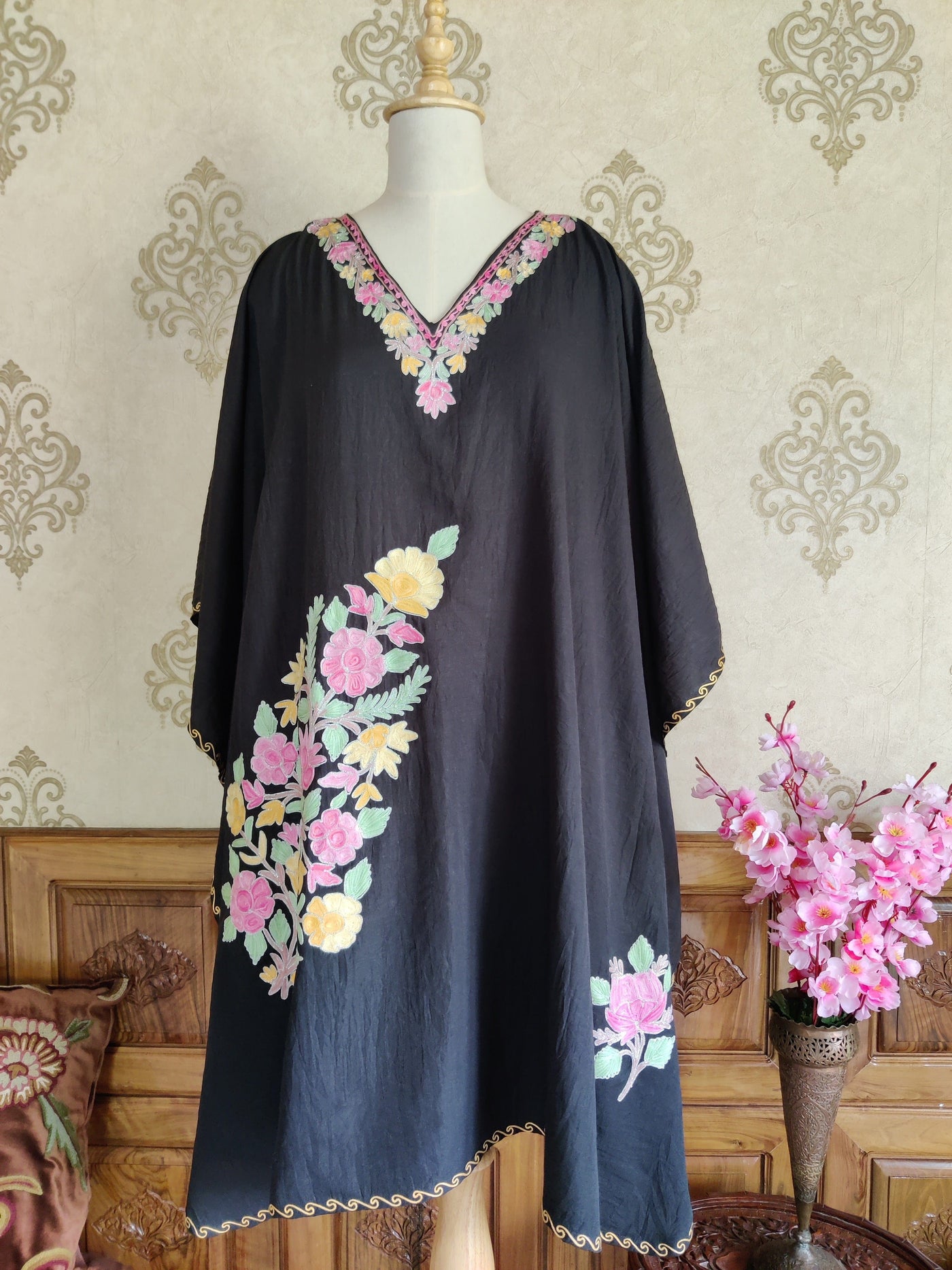 Black Kashmiri Kaftan With Floral Embroidery kaftan KashmKari Black Kashmiri Kaftan top online At a Reasonable Price | Kashmir Thread 