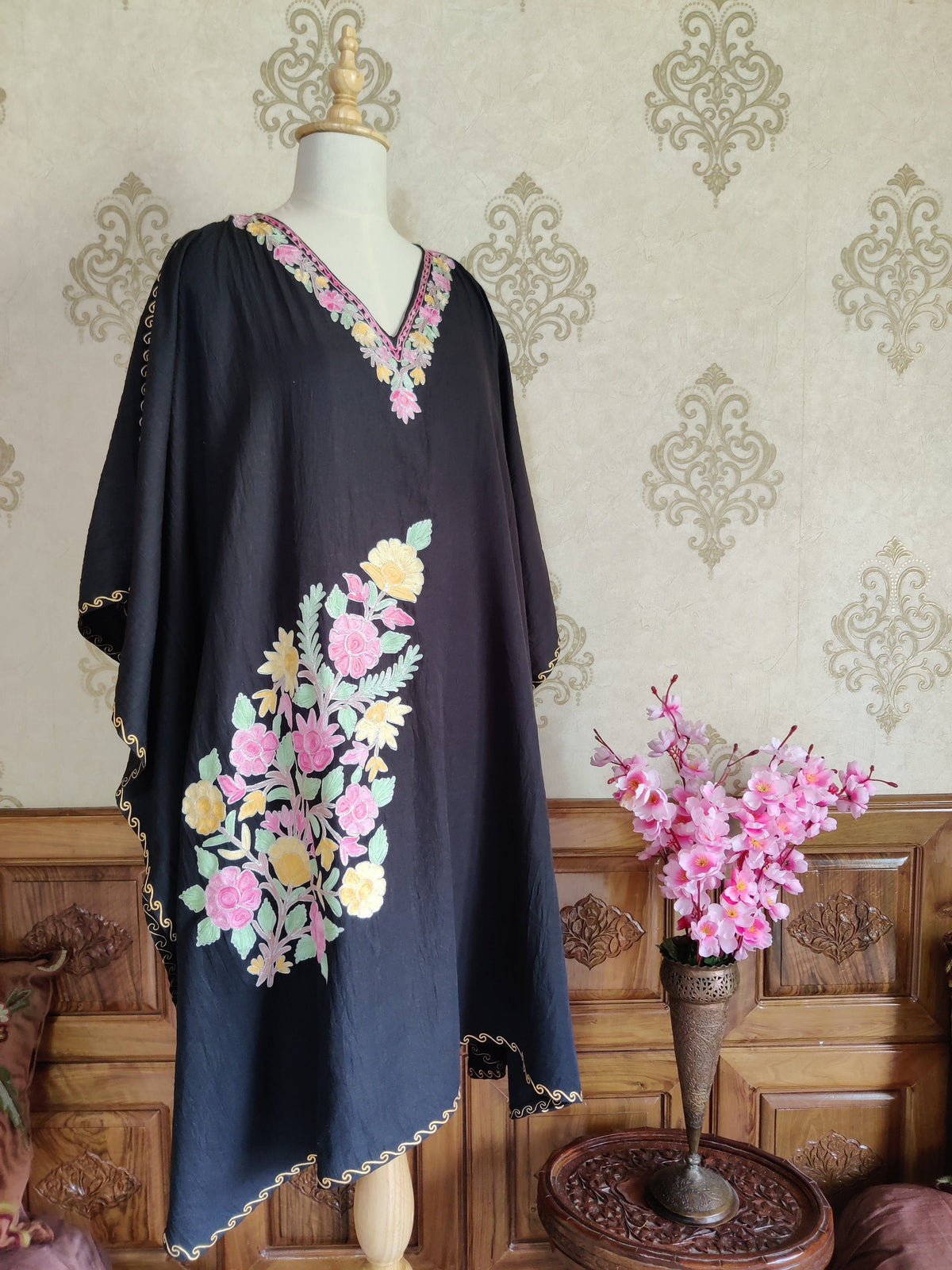 Black Kashmiri Kaftan With Floral Embroidery kaftan KashmKari Black Kashmiri Kaftan top online At a Reasonable Price | Kashmir Thread 