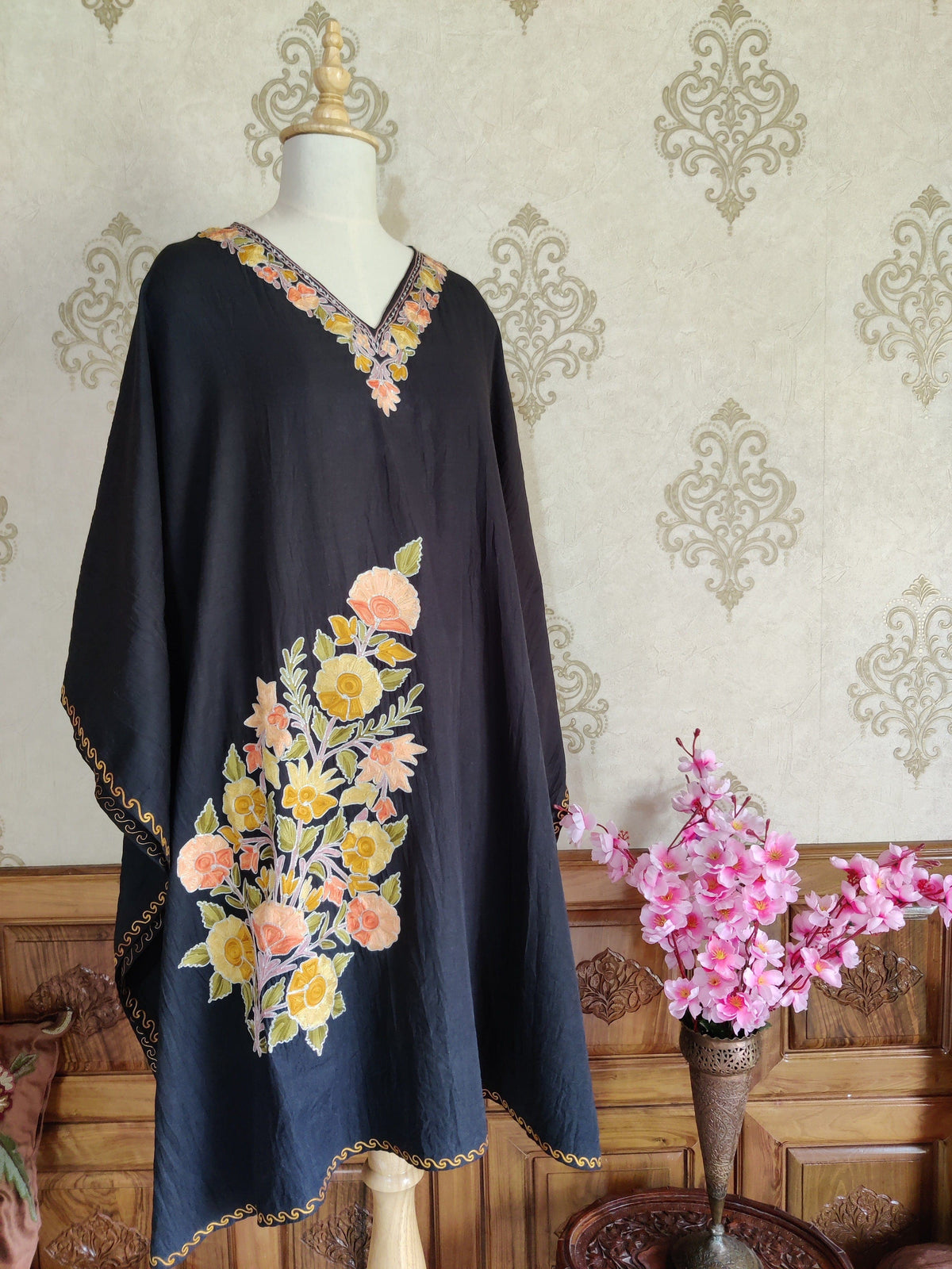 Boho Kaftan With Floral Embroidery kaftan KashmKari Black Kashmiri Kaftan top online At a Reasonable Price | Kashmir Thread 
