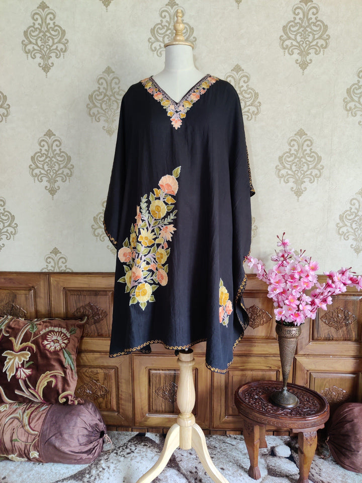 Boho Kaftan With Floral Embroidery kaftan KashmKari Black Kashmiri Kaftan top online At a Reasonable Price | Kashmir Thread 