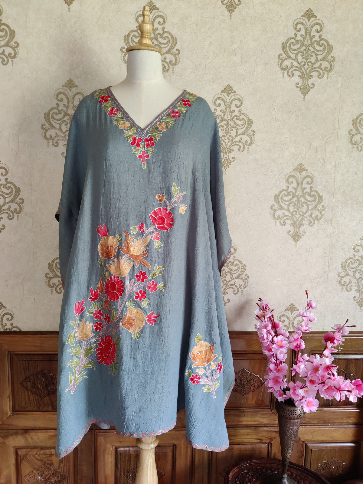 grey Kashmiri Kaftan With Floral Embroidery kaftan KashmKari Black Kashmiri Kaftan top online At a Reasonable Price | Kashmir Thread 
