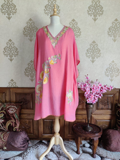 Pink Kashmiri Kaftan With Floral Embroidery kaftan KashmKari Black Kashmiri Kaftan top online At a Reasonable Price | Kashmir Thread 