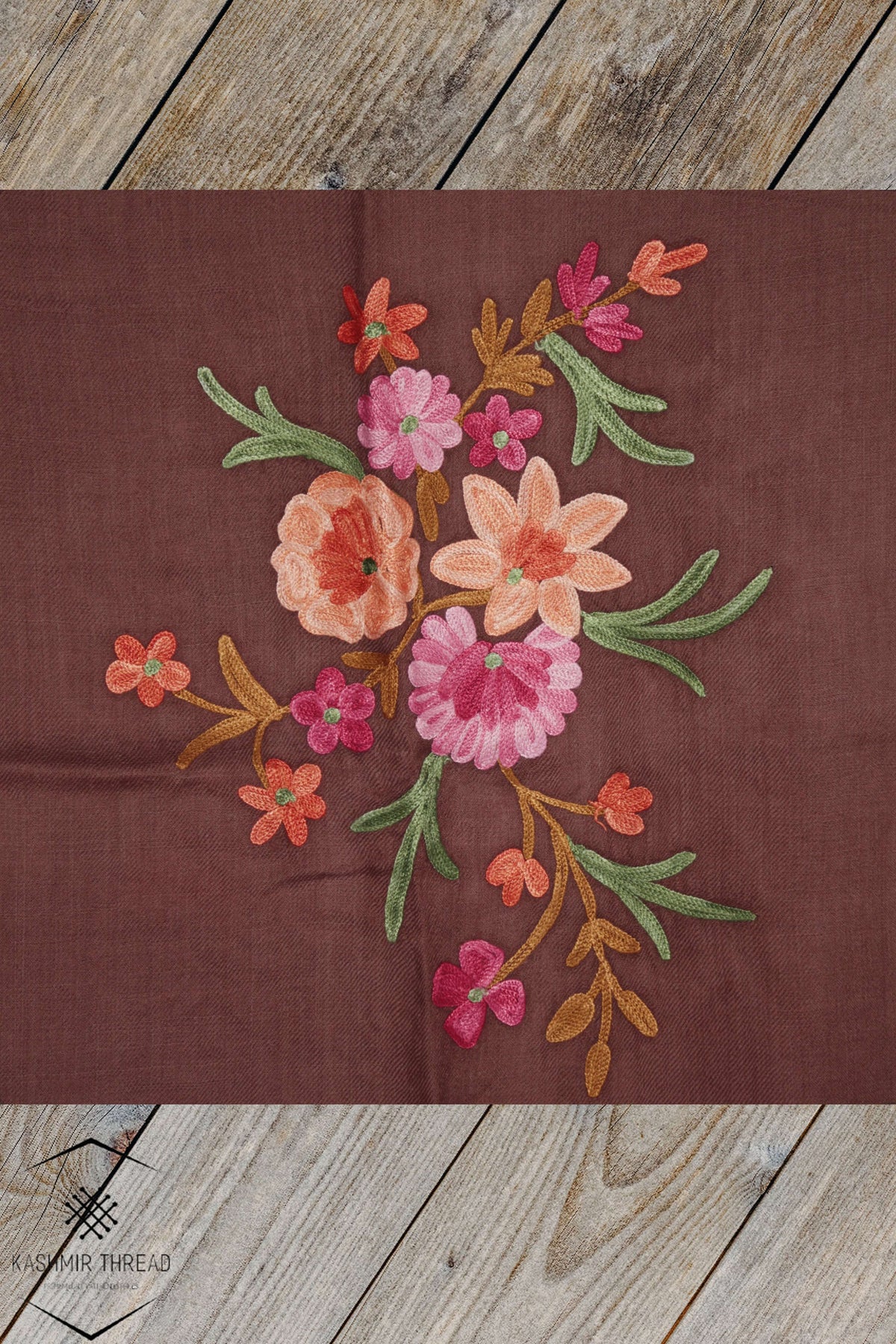 Kashmir Thread Kashmiri Stoles Brown Kashmiri stole with Floral Embroidery