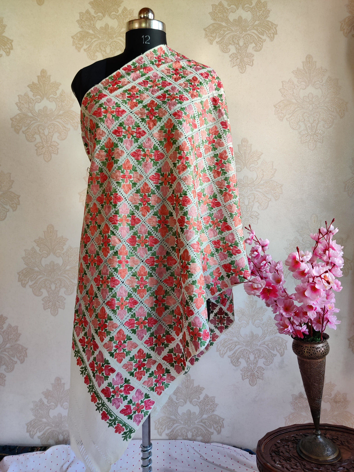 Pure Woolen Kashmiri Embroidery Stole in Cut-Work style with Aari Embroidery Kashmiri Stoles KashmKari