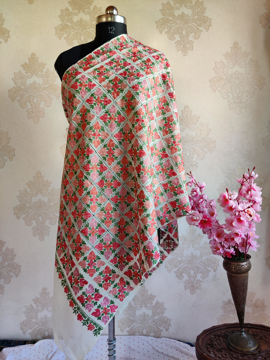 Pure Woolen Kashmiri Embroidery Stole in Cut-Work style with Aari Embroidery Kashmiri Stoles KashmKari