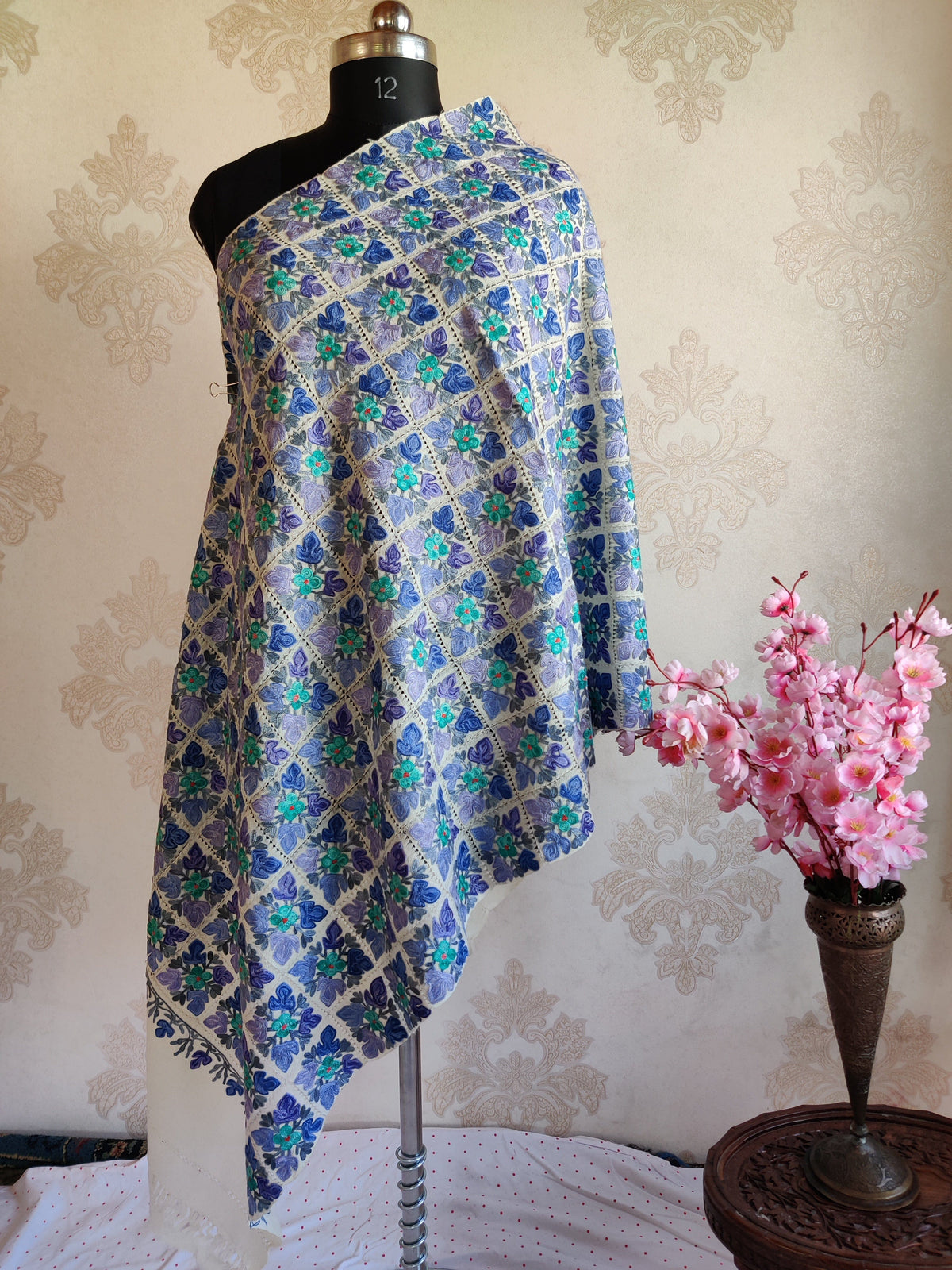 Pure Woolen Kashmiri Embroidery Stole in Cut-Work style with Aari Embroidery Kashmiri Stoles KashmKari