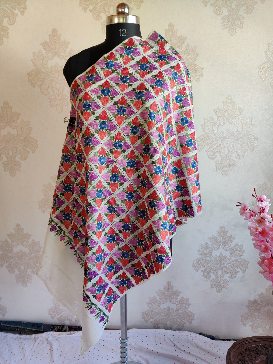 Pure Woolen Kashmiri Embroidery Stole in Cut-Work style with Aari Embroidery Kashmiri Stoles KashmKari