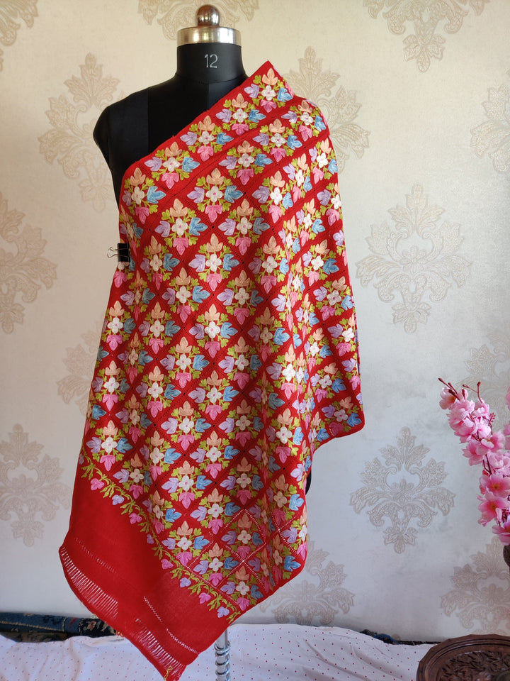 Pure Woolen Kashmiri Embroidery Stole in Cut-Work style with Aari Embroidery Kashmiri Stoles KashmKari
