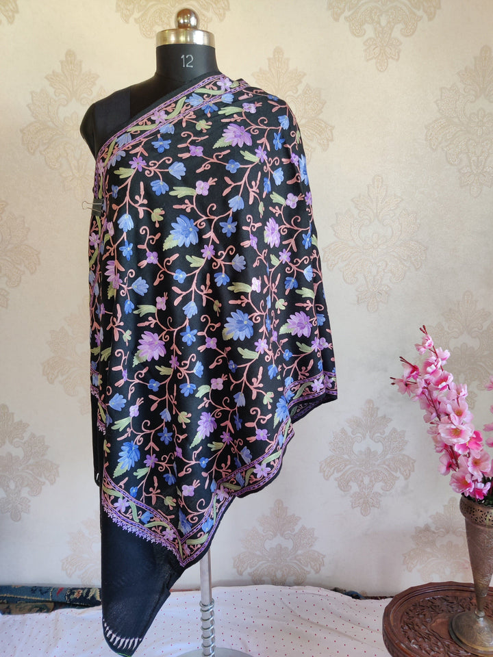 Pure Woolen Kashmiri Embroidery Stole with All over Heavy Aari Embroidery Kashmiri Stoles KashmKari