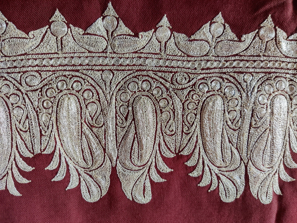 Row of silver-toned elongated paisley motifs and pointed edging along the reddish-brown stole border.