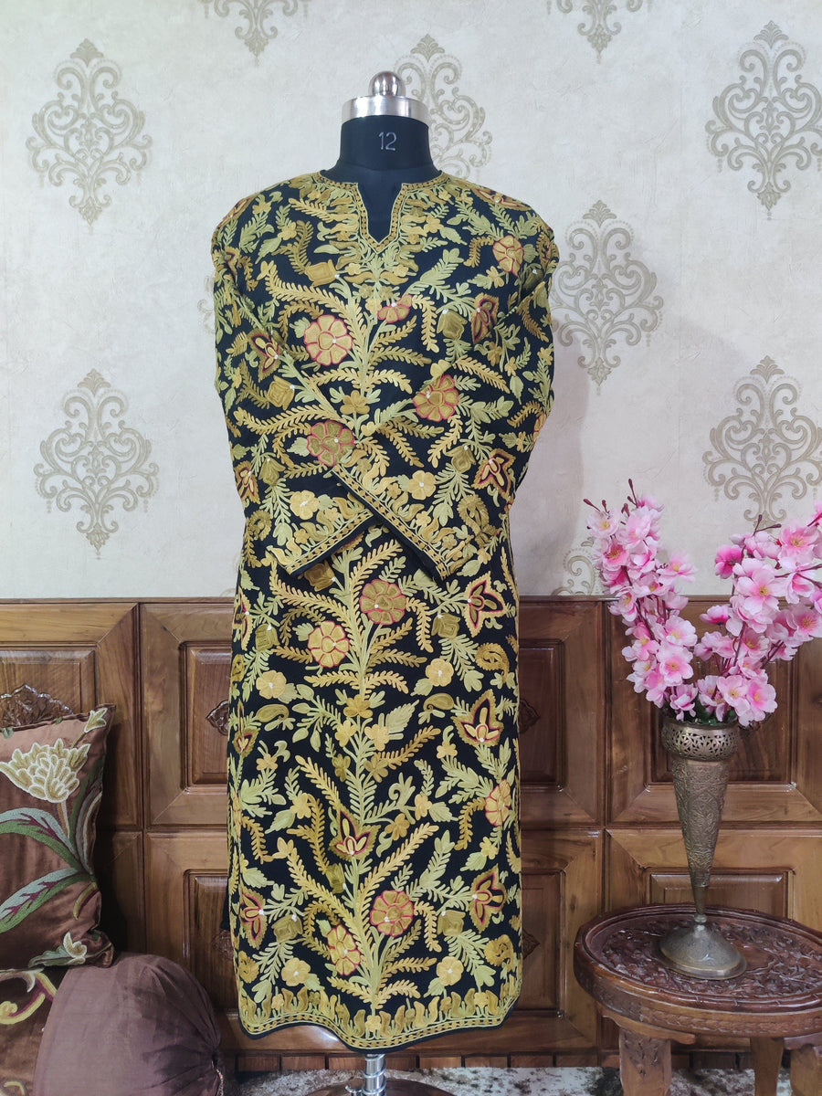 Black Kashmiri Pheran With All over Aari Embroidery in Yellow Floral Design Pheran KashmKari Buy Kashmiri Phiran Aari Embroidery Online at a Friendly Price | Kashmir Thread 