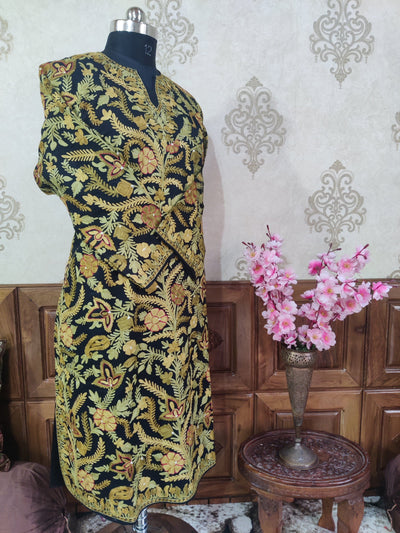Black Kashmiri Pheran With All over Aari Embroidery in Yellow Floral Design Pheran KashmKari Buy Kashmiri Phiran Aari Embroidery Online at a Friendly Price | Kashmir Thread 