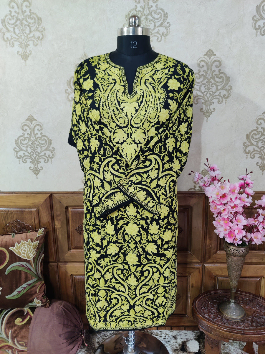 Black Kashmiri Woolen Pheran with all over Yellow Aari Embroidery Pheran KashmKari Buy Kashmiri Phiran Aari Embroidery Online at a Friendly Price | Kashmir Thread 