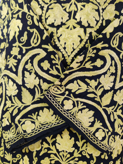 Black Kashmiri Woolen Pheran with all over Yellow Aari Embroidery Pheran KashmKari Buy Kashmiri Phiran Aari Embroidery Online at a Friendly Price | Kashmir Thread 