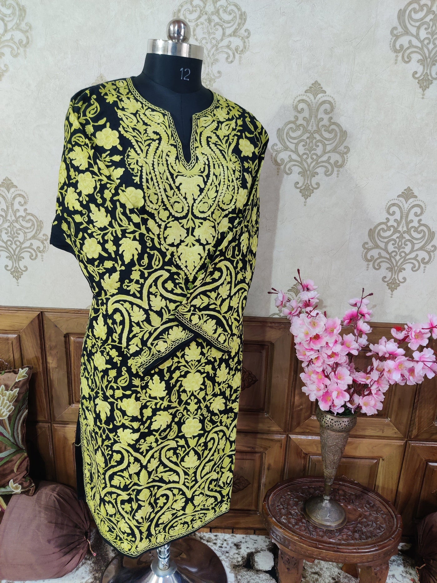 Black Kashmiri Woolen Pheran with all over Yellow Aari Embroidery Pheran KashmKari Buy Kashmiri Phiran Aari Embroidery Online at a Friendly Price | Kashmir Thread 