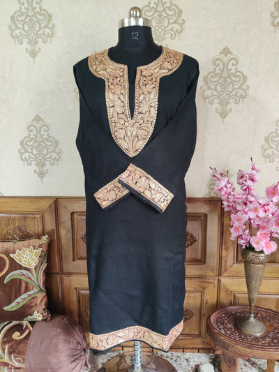 Black Kashmiri Woolen Pheran with Golden Tilla Embroidery Pheran KashmKari Buy Kashmiri Phiran Aari Embroidery Online at a Friendly Price | Kashmir Thread 