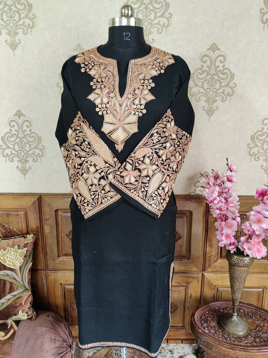 Black Kashmiri Woolen Pheran with Golden Tilla Embroidery Pheran KashmKari Buy Kashmiri Phiran Aari Embroidery Online at a Friendly Price | Kashmir Thread 