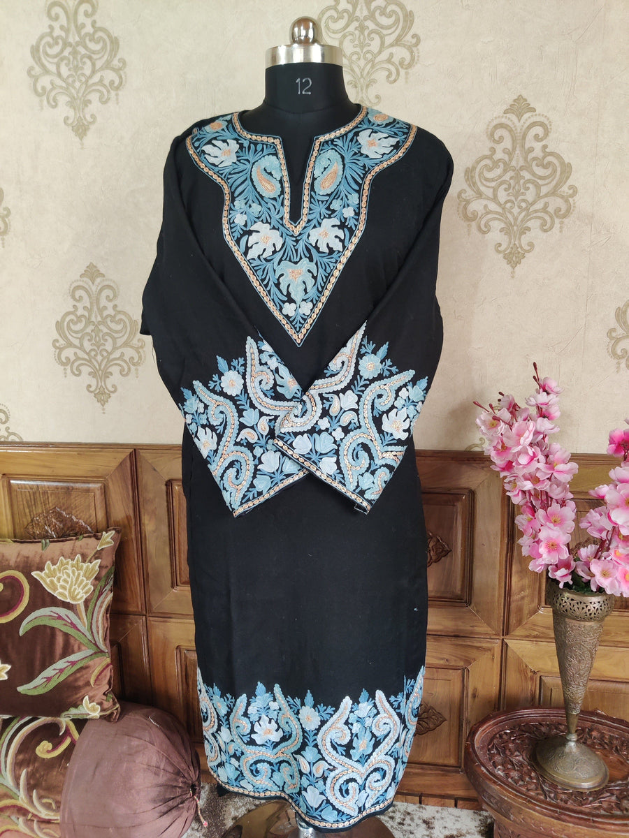 Black Kashmiri Woolen Pheran with Mix of Tilla & Aari Embroidery Pheran KashmKari Buy Kashmiri Phiran Aari Embroidery Online at a Friendly Price | Kashmir Thread 