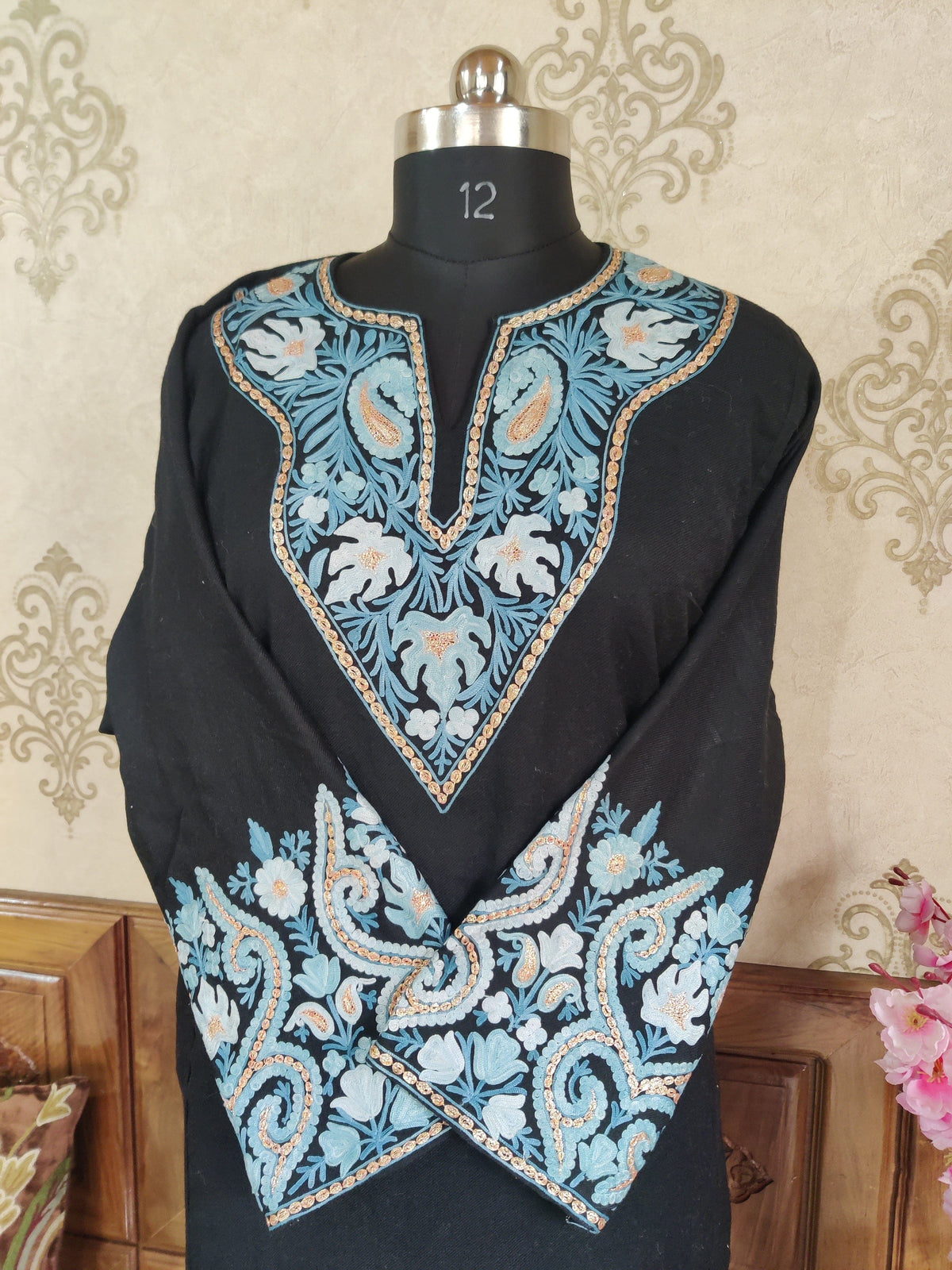 Black Kashmiri Woolen Pheran with Mix of Tilla & Aari Embroidery Pheran KashmKari Buy Kashmiri Phiran Aari Embroidery Online at a Friendly Price | Kashmir Thread 