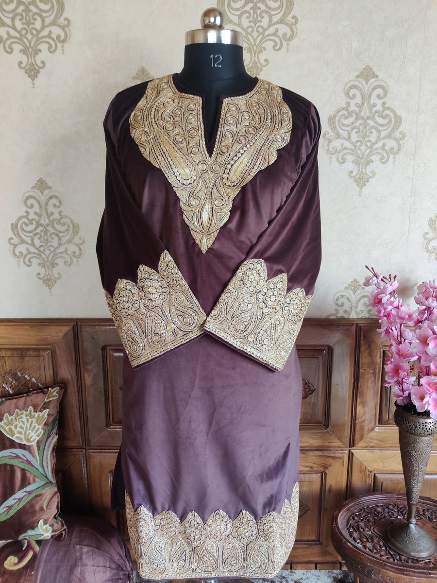 Burgundy Kashmiri Velvet Phiran With Golden Tilla Embroidery Pheran KashmKari Buy Burgundy Kashmiri Velvet Phiran With  Heavy Golden Tilla embroidery Online at a Best price | Kashmir Thread 