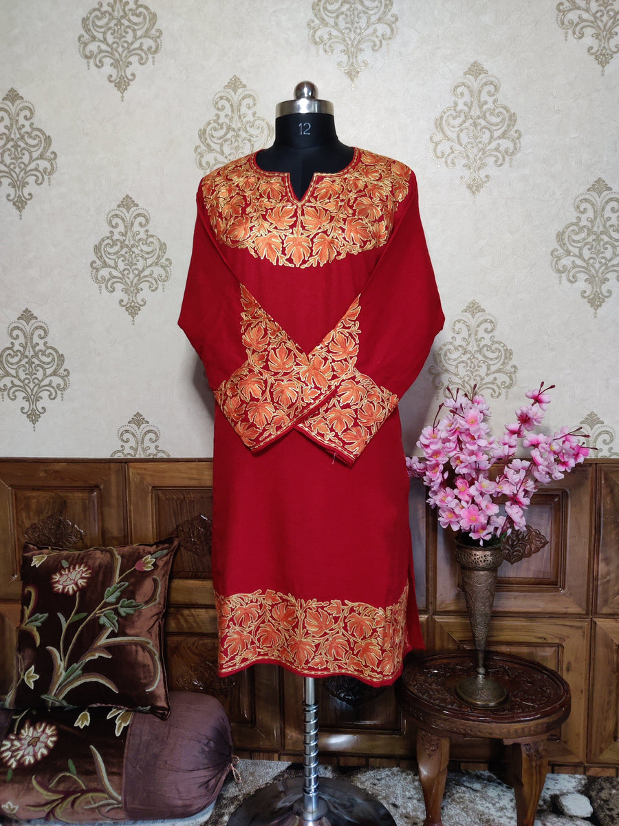 Kashmiri Pheran With Chinar Embroidery Pheran KashmKari Maroon Buy Kashmiri Aari Phiran Chinar Online at a Reasonable Price | Kashmir Thread 