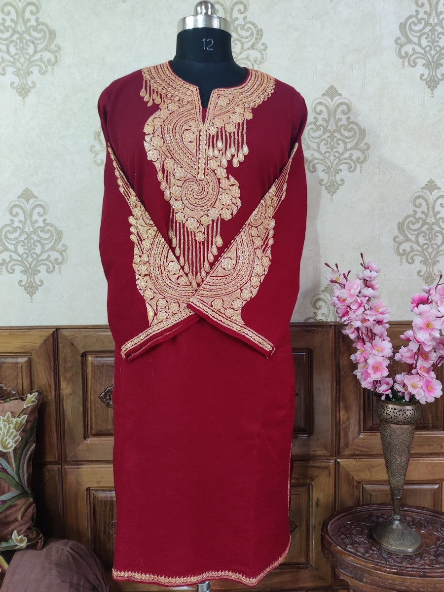 Maroon Kashmiri Pheran With Golden Tilla Embroidery Pheran KashmKari Buy Kashmiri Phiran Aari Embroidery Online at a Friendly Price | Kashmir Thread 