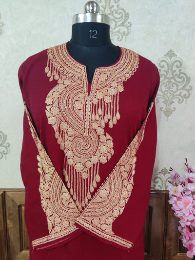 Maroon Kashmiri Pheran With Golden Tilla Embroidery Pheran KashmKari Buy Kashmiri Phiran Aari Embroidery Online at a Friendly Price | Kashmir Thread 