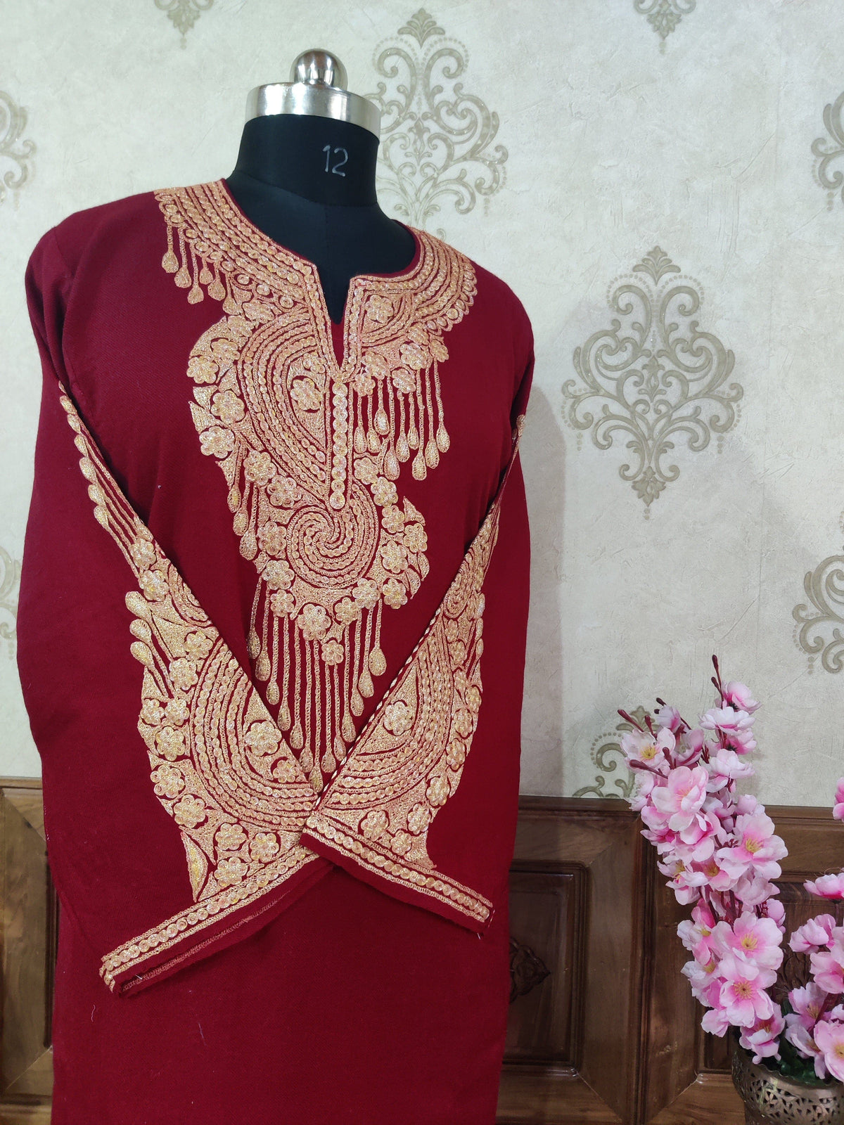 Maroon Kashmiri Pheran With Golden Tilla Embroidery Pheran KashmKari Buy Kashmiri Phiran Aari Embroidery Online at a Friendly Price | Kashmir Thread 