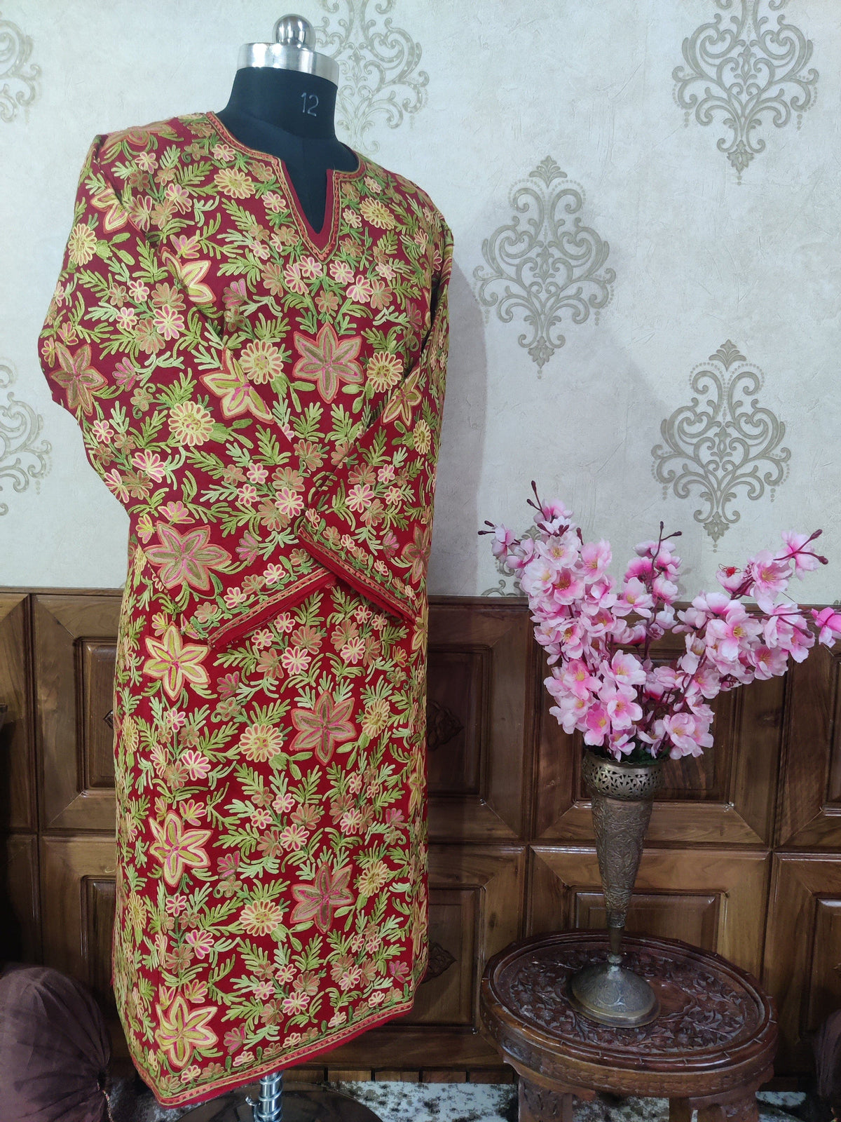 Maroon Kashmiri Woolen Pheran with all over multi color Aari Embroidery Pheran KashmKari Buy Kashmiri Phiran Aari Embroidery Online at a Friendly Price | Kashmir Thread 