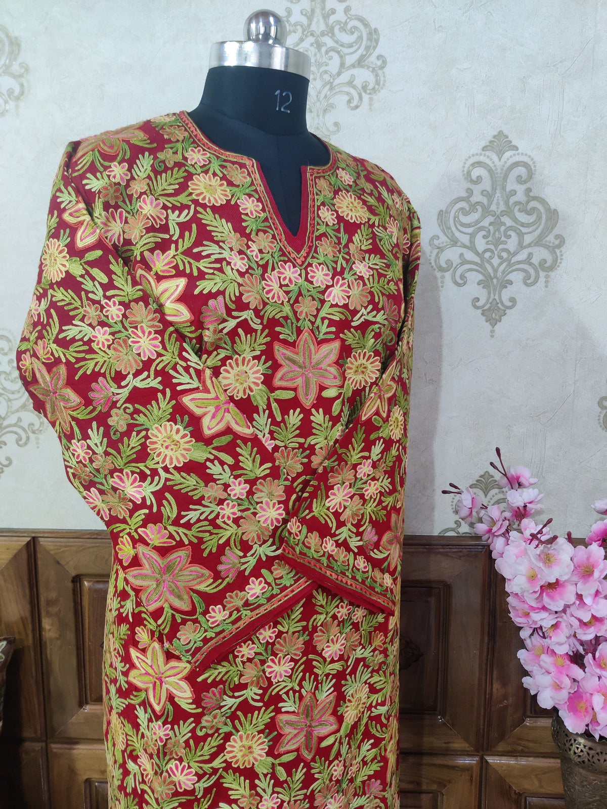 Maroon Kashmiri Woolen Pheran with all over multi color Aari Embroidery Pheran KashmKari Buy Kashmiri Phiran Aari Embroidery Online at a Friendly Price | Kashmir Thread 
