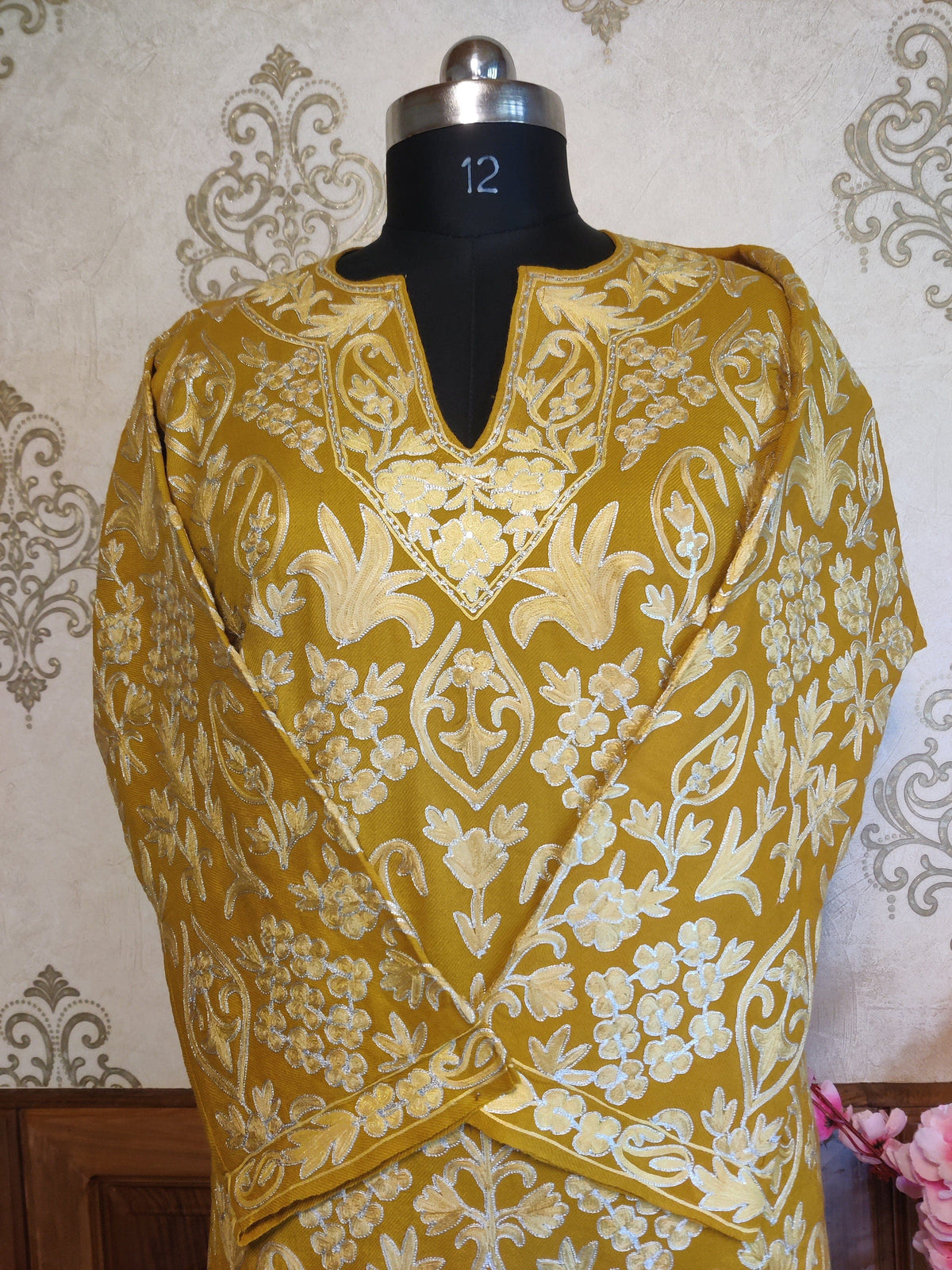 Kashmiri Pheran With Aari Embroidery Jaal Pheran KashmKari Mustard Buy Kashmiri aari Phiran Online at a Reasonable Price | Kashmir Thread 
