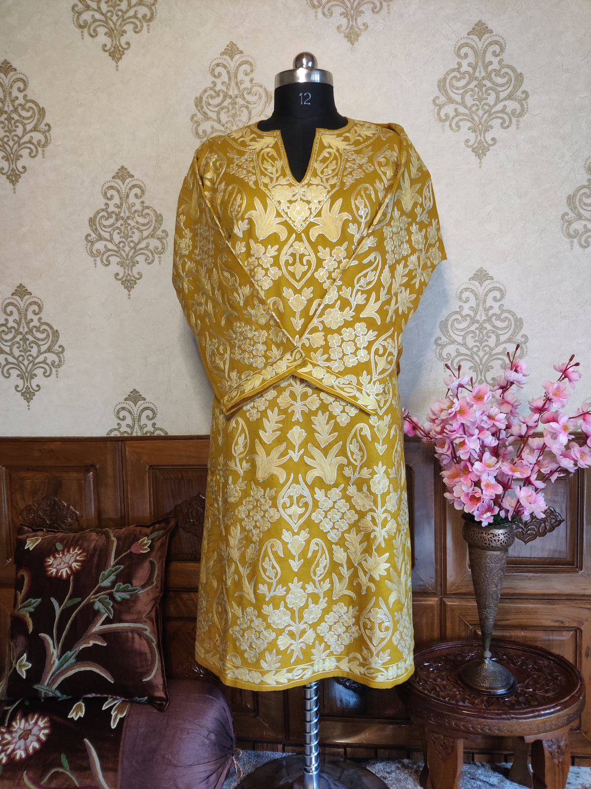 Kashmiri Pheran With Aari Embroidery Jaal Pheran KashmKari Mustard Buy Kashmiri aari Phiran Online at a Reasonable Price | Kashmir Thread 