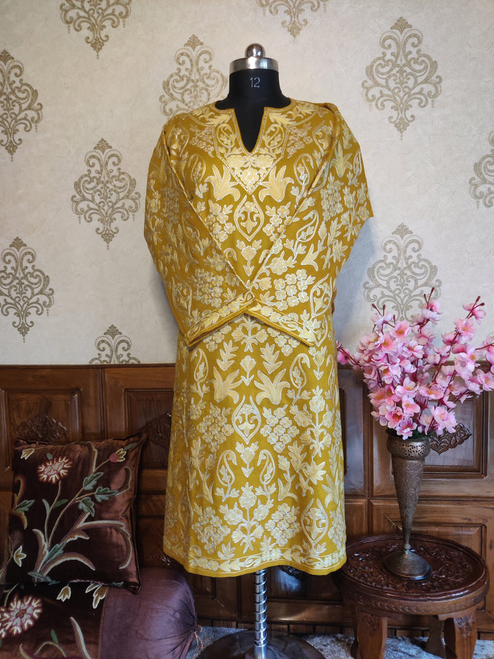 Kashmiri Pheran With Aari Embroidery Jaal Pheran KashmKari Mustard Buy Kashmiri aari Phiran Online at a Reasonable Price | Kashmir Thread 