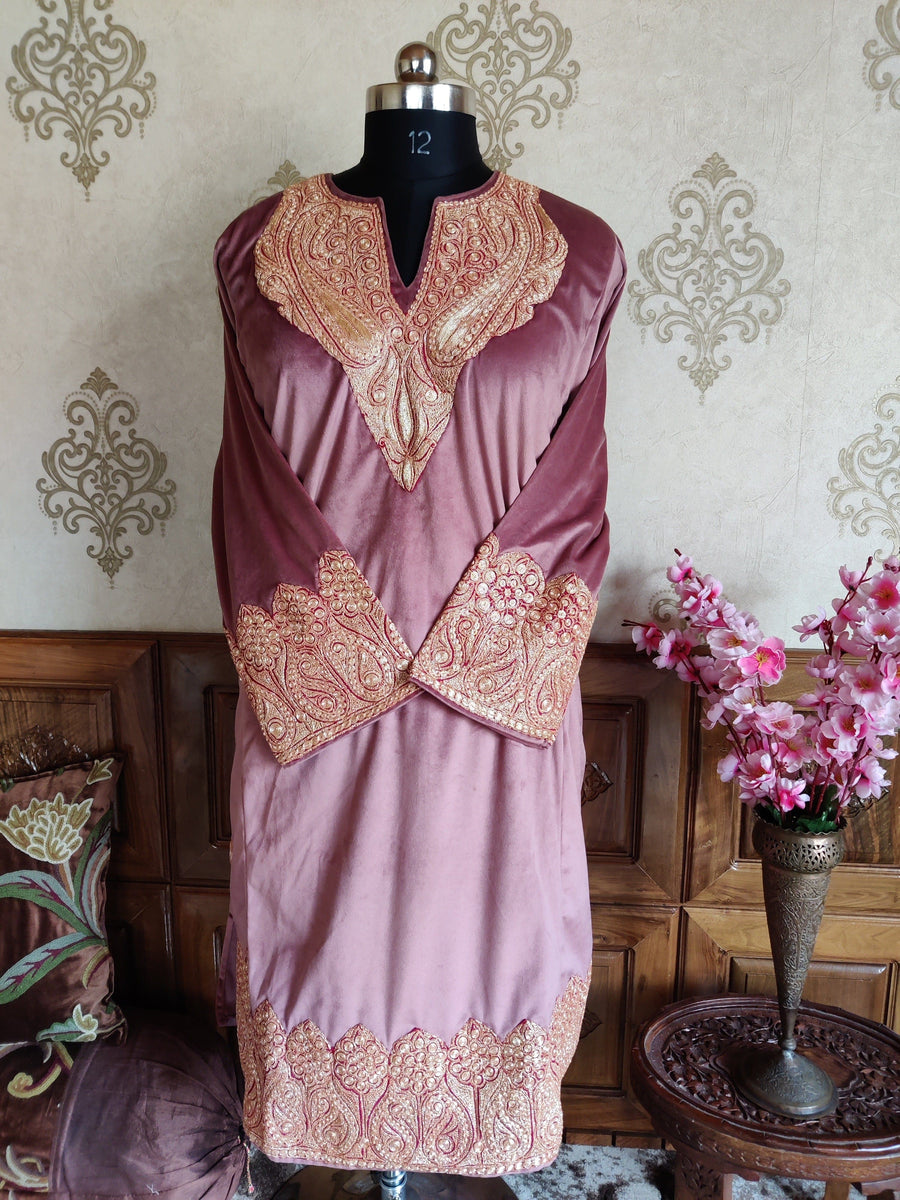 Pink Kashmiri Velvet Phiran With Heavy Tilla Embroidery Pheran KashmKari Buy  Pink Kashmiri Velvet Phiran With  Heavy Tilla work Online at a Best price | Kashmir Thread 
