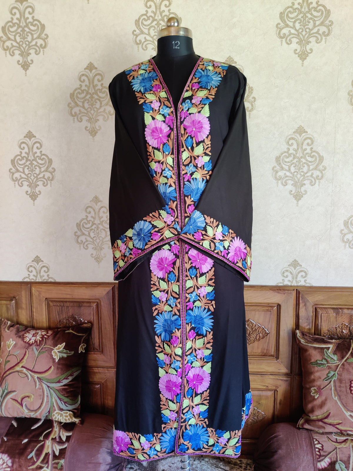 Black Long Kimono with Kashmiri Floral Embroidery | Kashmiri Embroidery Robe Robe KashmKari