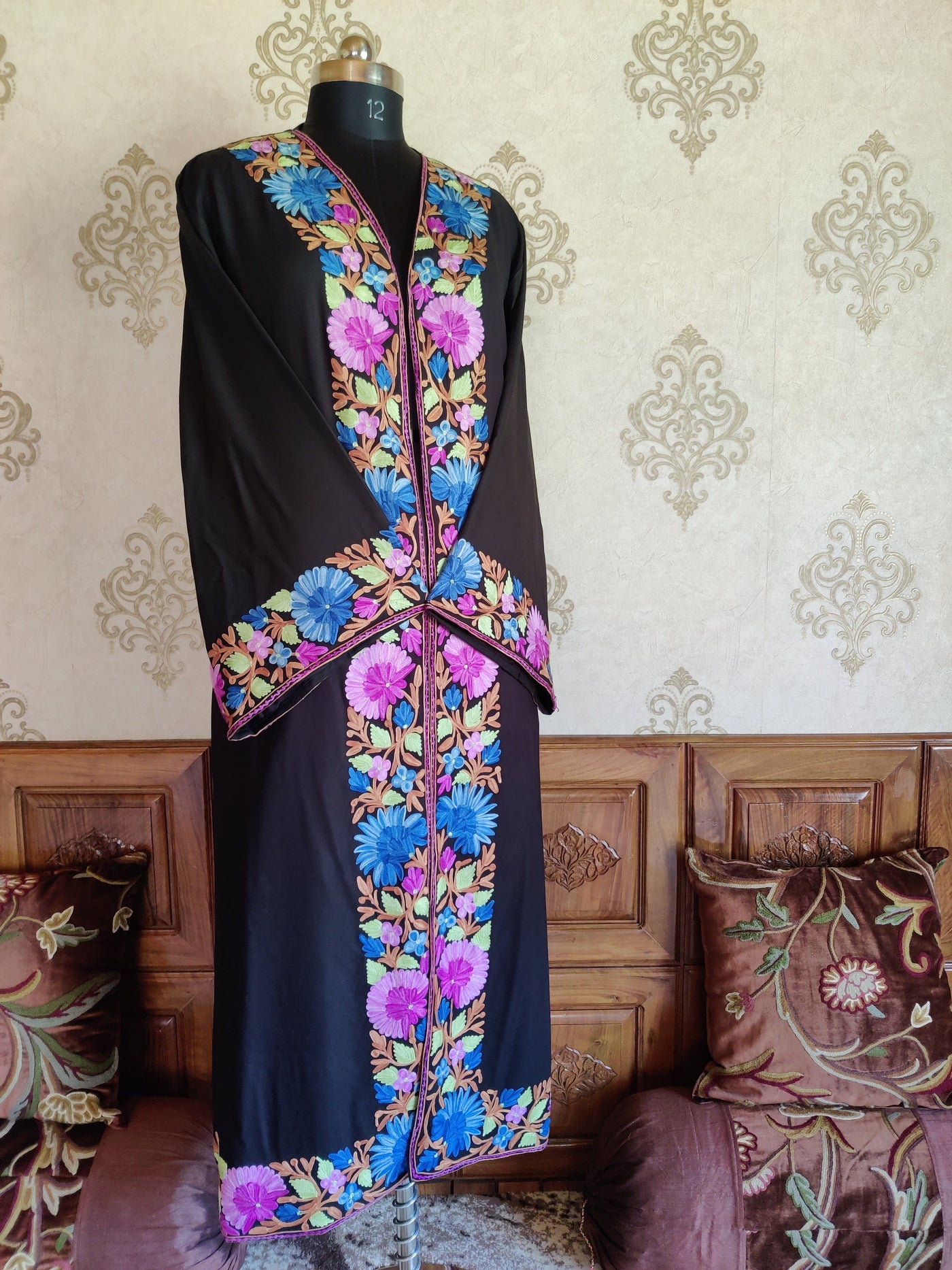 Black Long Kimono with Kashmiri Floral Embroidery | Kashmiri Embroidery Robe Robe KashmKari