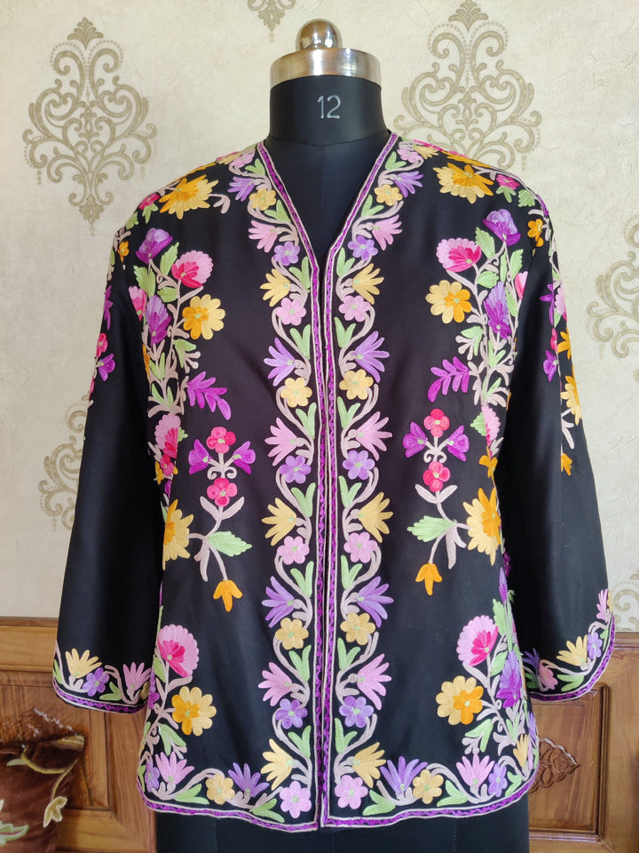 Black Short Kimono with Kashmiri Floral Embroidery | Kashmiri Embroidery Robe Robe KashmKari