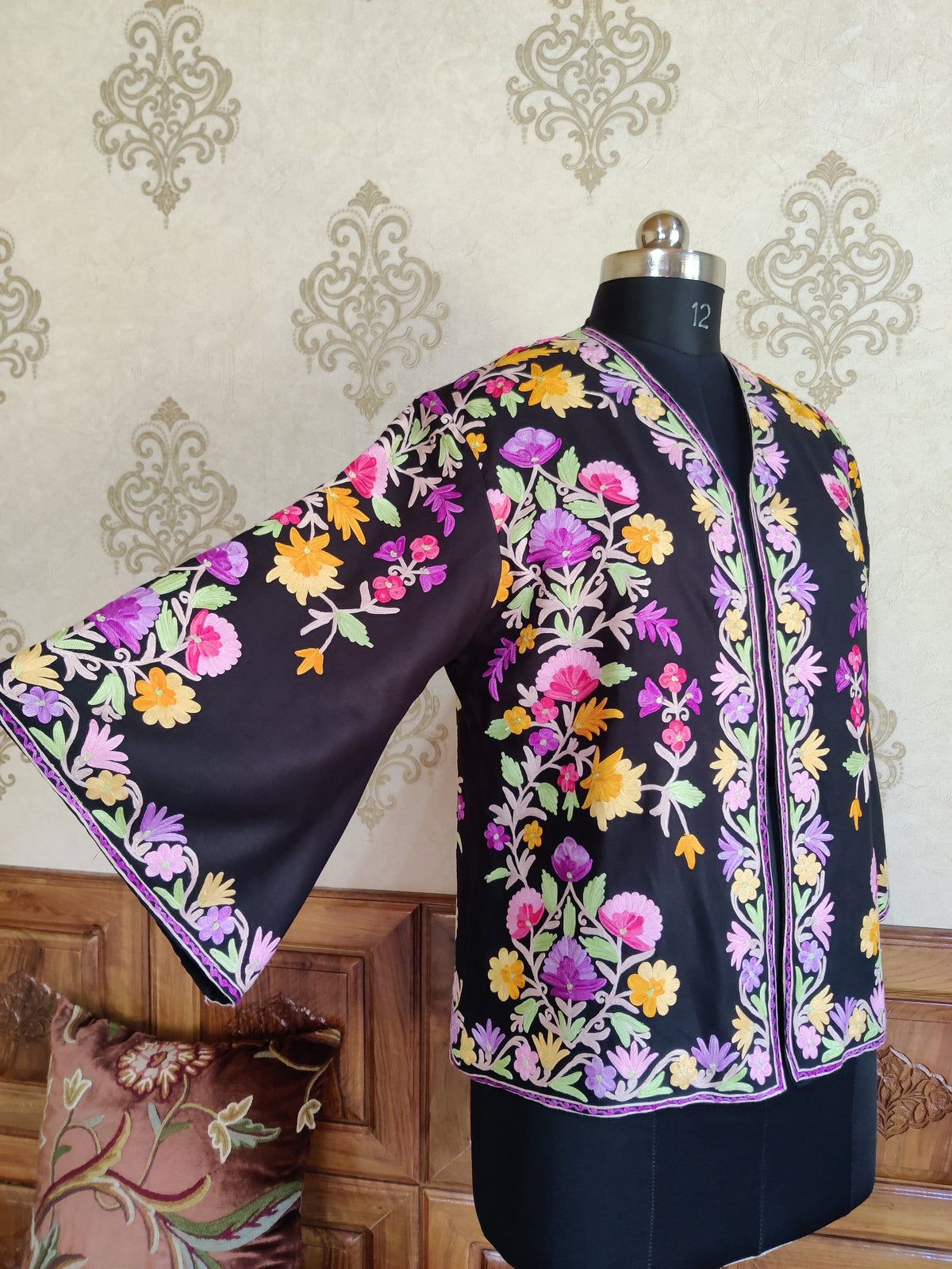 Black Short Kimono with Kashmiri Floral Embroidery | Kashmiri Embroidery Robe Robe KashmKari