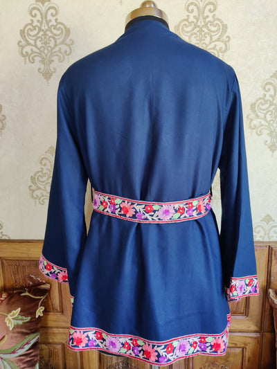 Blue Kashmiri Embroidery Robe with Floral Embroidery Belt | Kashmiri Kimono robe KashmKari