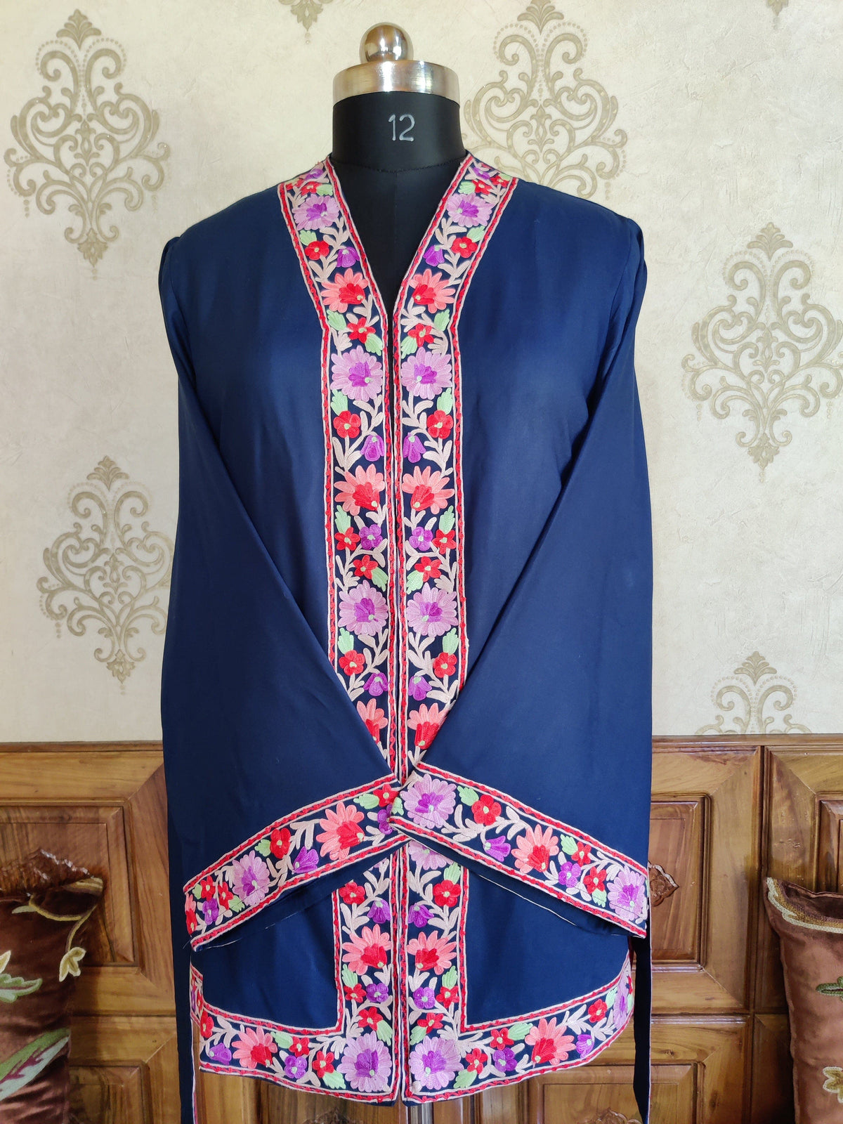 Blue Kashmiri Embroidery Robe with Floral Embroidery Belt | Kashmiri Kimono robe KashmKari