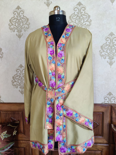 Taupe Kashmiri Embroidery Robe with Floral Embroidery Belt | Kashmiri Kimono Robe KashmKari