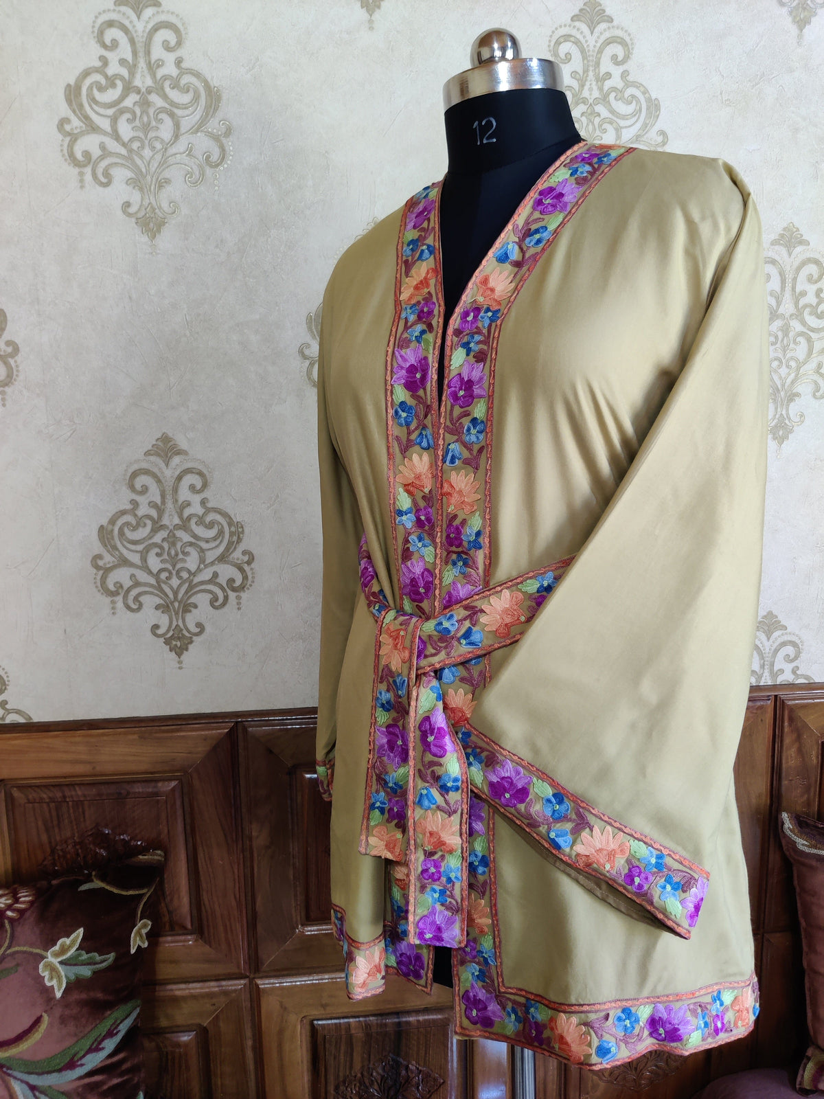 Taupe Kashmiri Embroidery Robe with Floral Embroidery Belt | Kashmiri Kimono Robe KashmKari