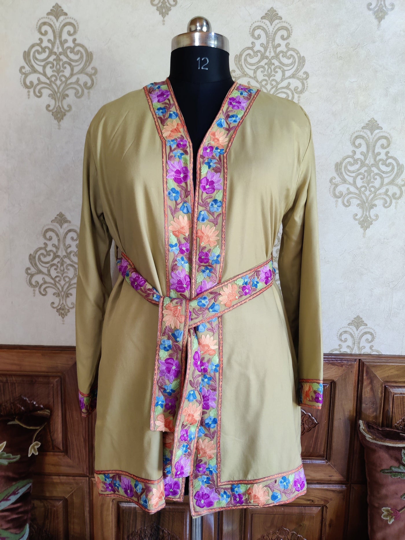 Taupe Kashmiri Embroidery Robe with Floral Embroidery Belt | Kashmiri Kimono Robe KashmKari